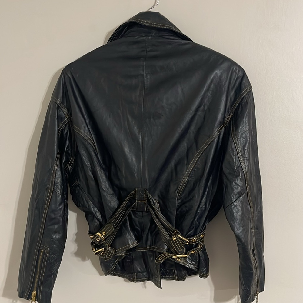 Studio sienna Vintage Black Leather Motorcycle Jacket Gold Detail Women's - Picture 8 of 8